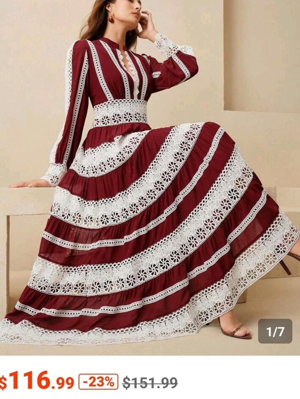 Burgundy and White Lace-Trim Maxi Dress
